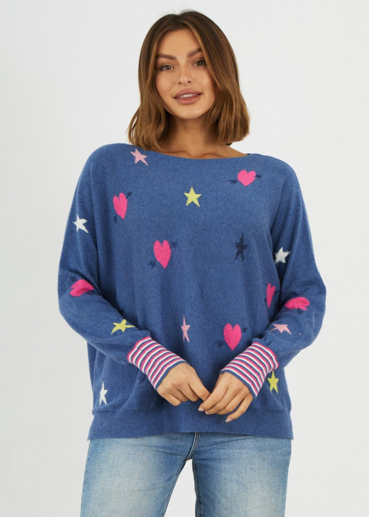 Zaket & Plover Zaket & Plover - Heart and Stars Sweater - Jean available at The Good Life Boutique