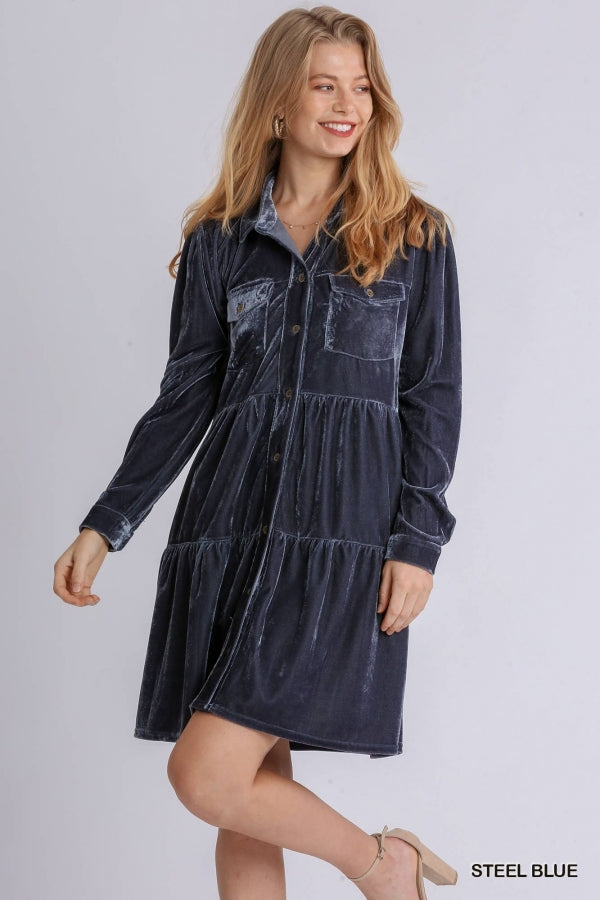 Umgee USA, Inc. Velvet Long Sleeve Collar Button Down Tiered Dress - Steel Blue available at The Good Life Boutique