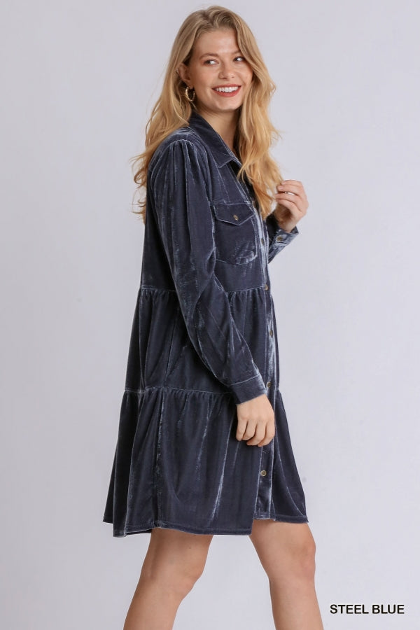 Umgee USA, Inc. Velvet Long Sleeve Collar Button Down Tiered Dress - Steel Blue available at The Good Life Boutique