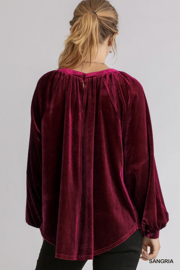 Umgee USA, Inc. Velvet Round Neck Long Sleeve Top with Keyhole Detail - Sangria available at The Good Life Boutique