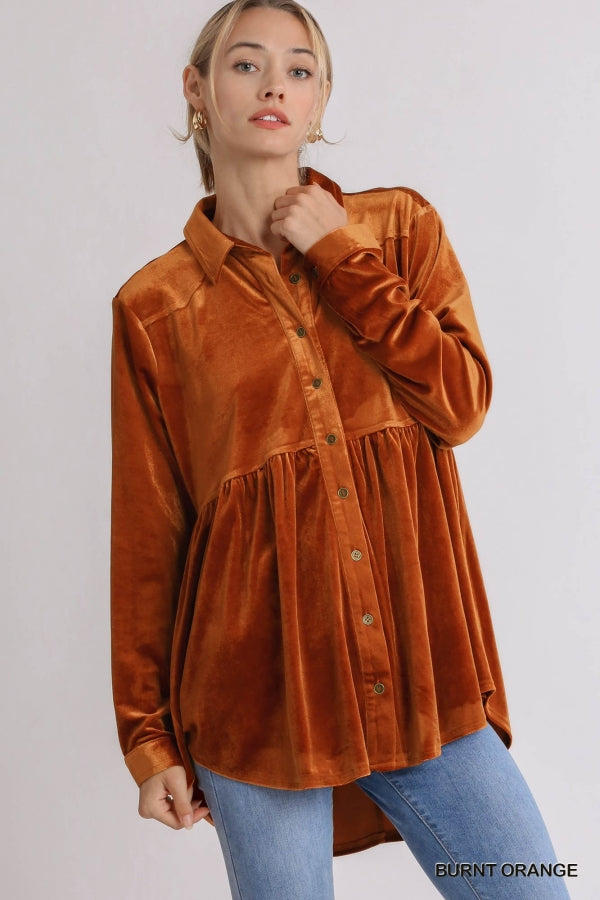 Umgee USA, Inc. Velvet Collar Button Down Long Sleeve Tunic Top available at The Good Life Boutique