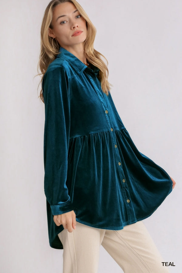 Umgee USA, Inc. Velvet Collar Button Down Long Sleeve Tunic Top available at The Good Life Boutique