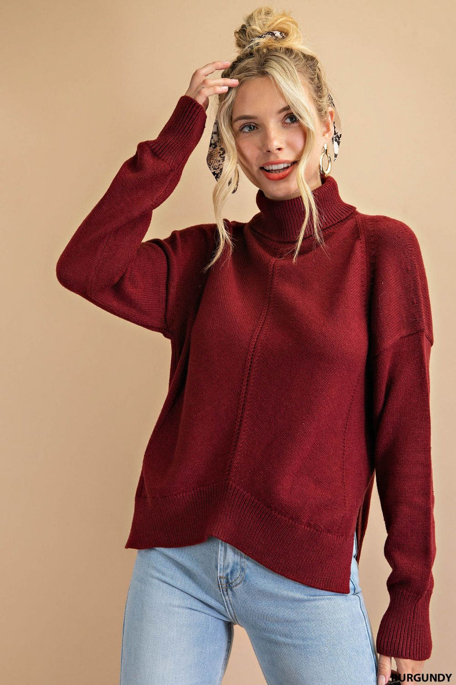 Olive and Leaf Mock Turtle Neck Sweater - Burgundy available at The Good Life Boutique
