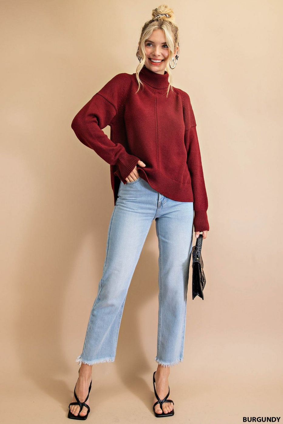 Olive and Leaf Mock Turtle Neck Sweater - Burgundy available at The Good Life Boutique