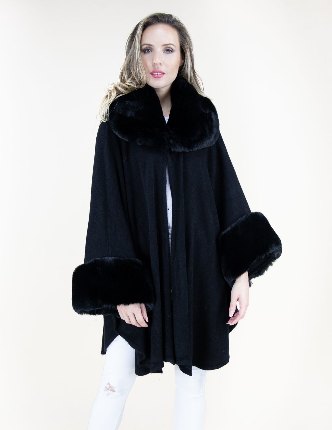 Very Moda Faux Fur Neck and Sleeve Cape - Black available at The Good Life Boutique