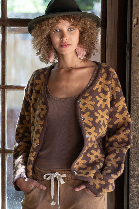 POL Clothing Abstract Flower Knit Cardigan - Choco/Latte available at The Good Life Boutique