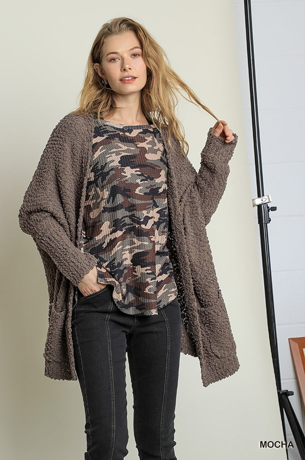 Umgee USA, Inc. Open Front Oversized Cardigan Sweater with Pockets - Mocha available at The Good Life Boutique