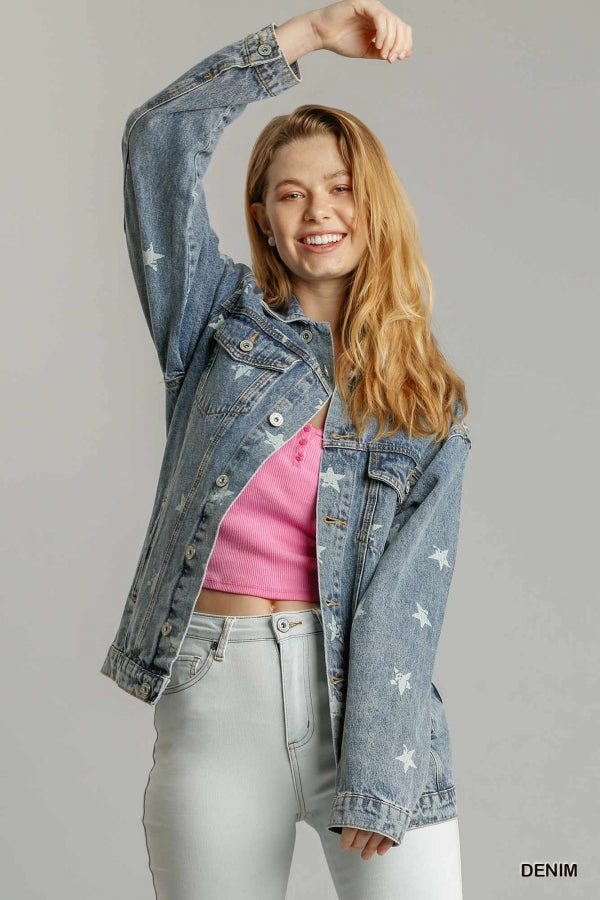 Umgee USA, Inc. Faded Star Print Button Down Denim Jacket available at The Good Life Boutique