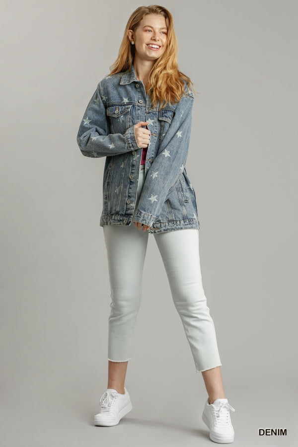 Umgee USA, Inc. Faded Star Print Button Down Denim Jacket available at The Good Life Boutique