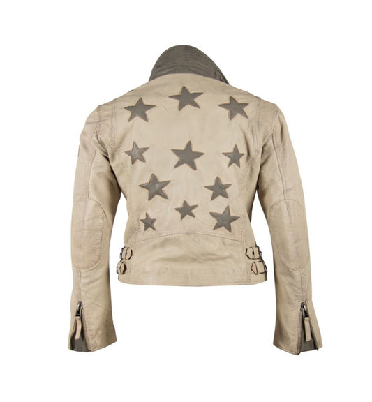 Mauritius Mauritius - Christy RF Woman's Leather Jacket - Off White + Taupe Stars available at The Good Life Boutique